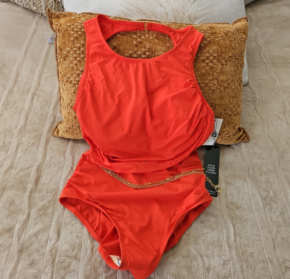 Magicsuit Coral-Red One-Piece Swimsuit with Gold Chain Detail
